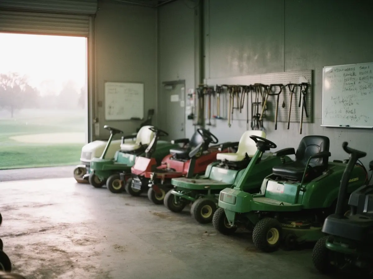 The inside of a golf course maintenance shed, tools on the wall