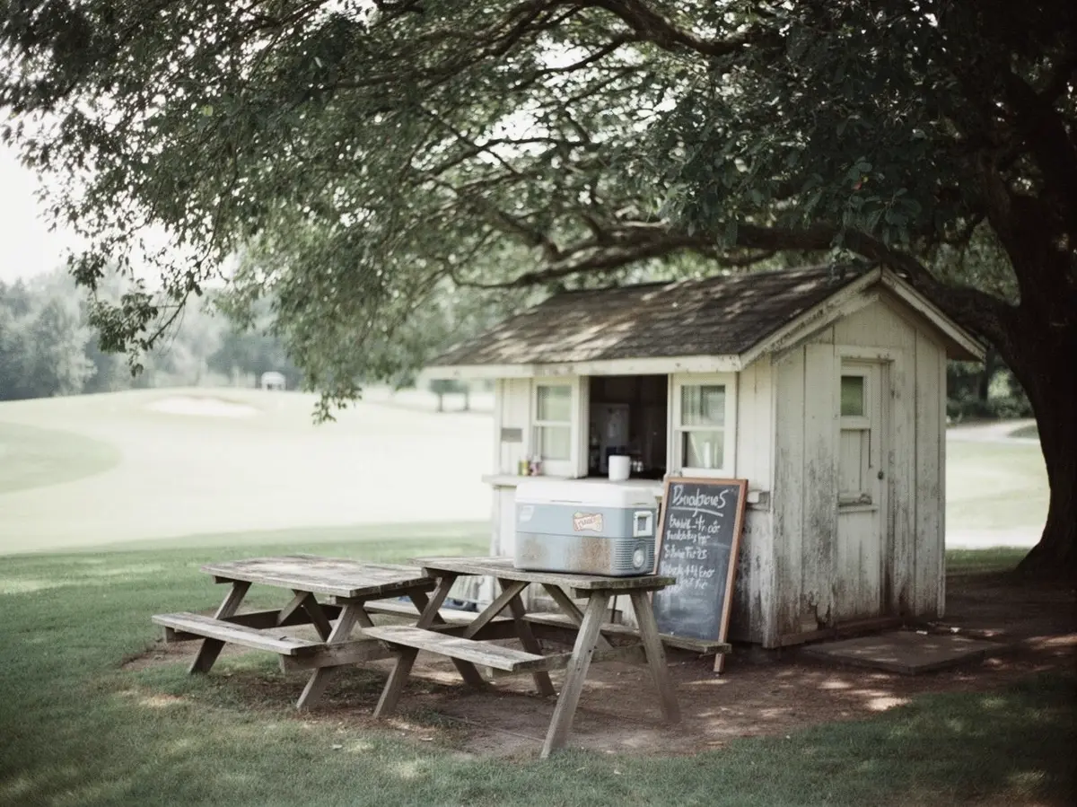 A halfway house at the turn with picnic tables in afternoon light